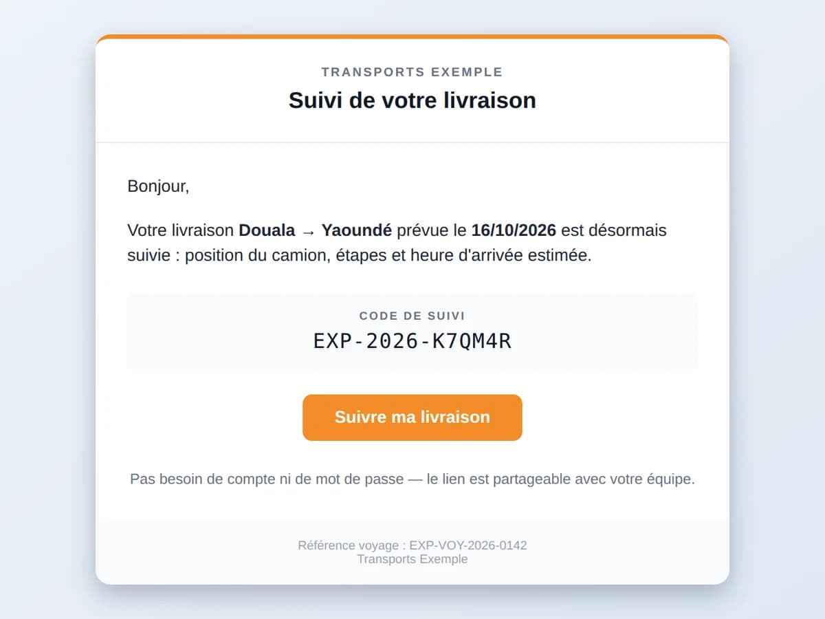 Email de suivi reçu par le client, avec son code et le bouton « Suivre ma livraison » (données de démonstration)