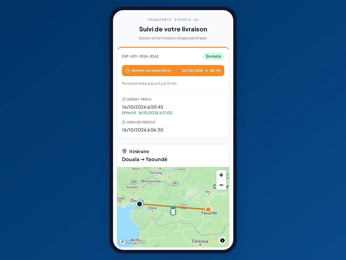 Page de suivi sur téléphone : camion en route Douala → Yaoundé sur la carte, heure d'arrivée estimée (données de démonstration)